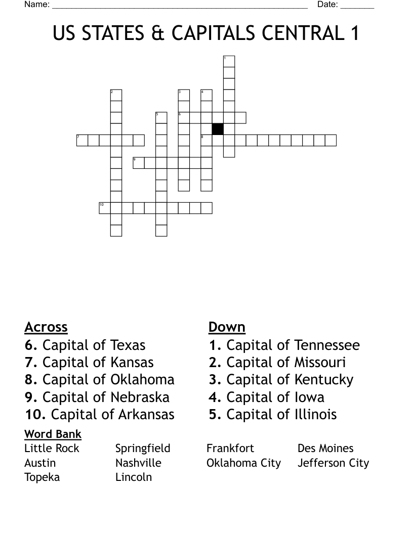 US STATES CAPITALS CENTRAL 1 Crossword WordMint