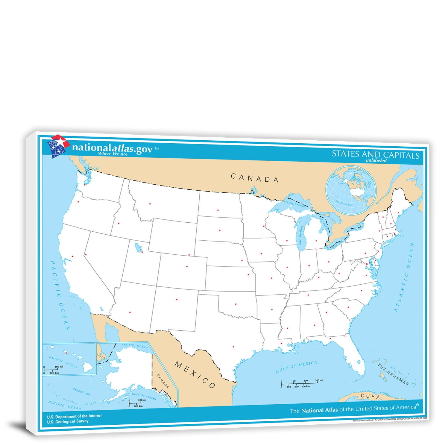 USA National Atlas States Capitols Unlabeled Map 2022 Canvas Wrap