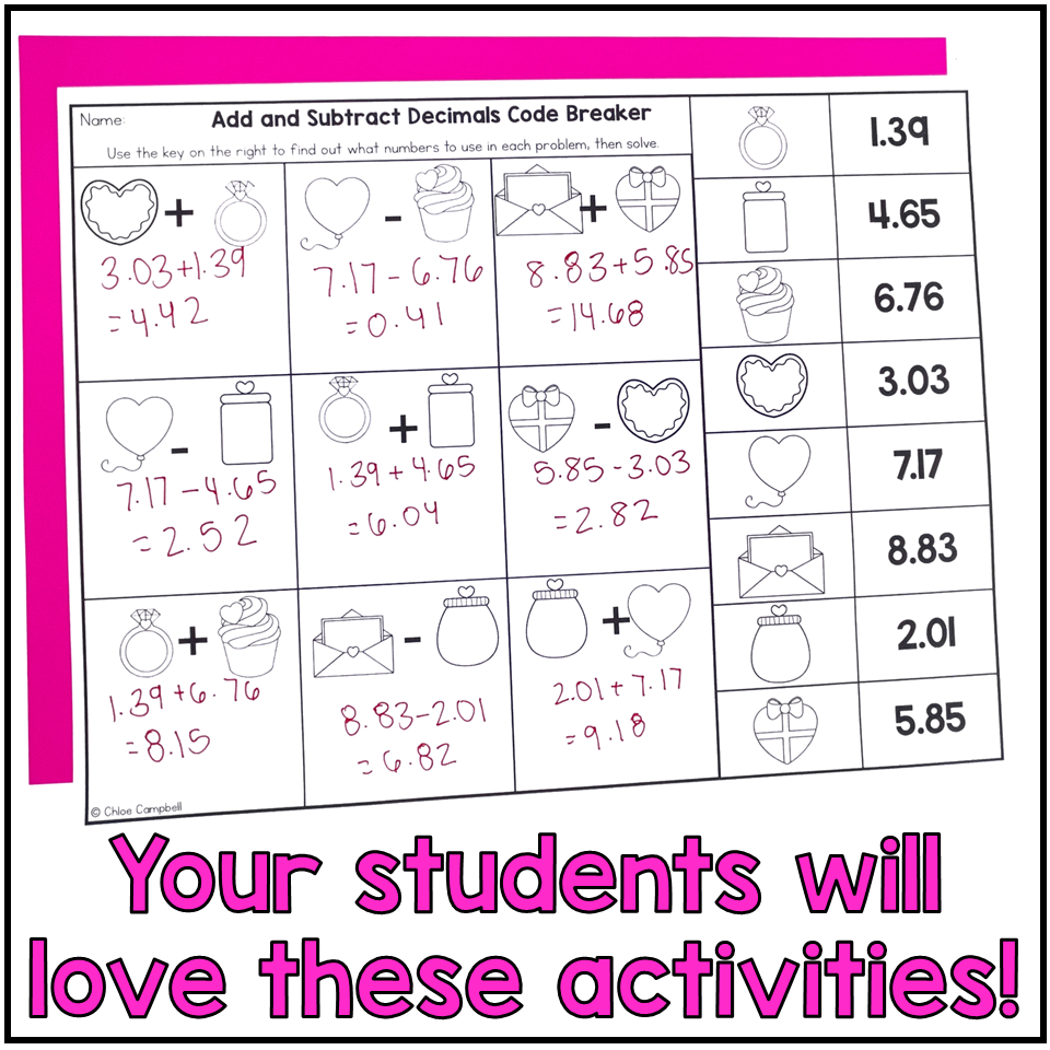 Valentine s Day Adding Subtracting Decimals 5th Grade Math Worksheets Chloe Campbell Education Valentine s Day Adding Subtracting Decimals 5th Grade Math Worksheets Chloe Campbell Education