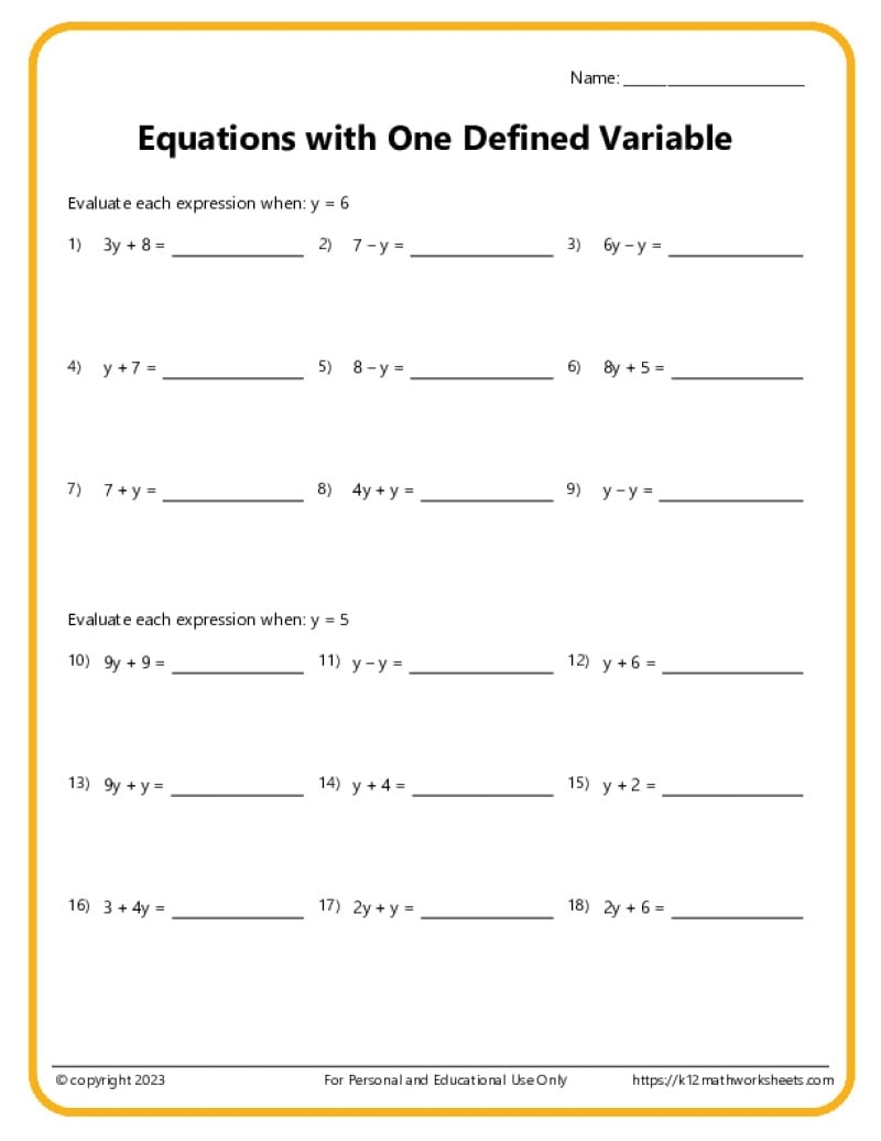 Variable Equations Worksheets Variable Equations Worksheets