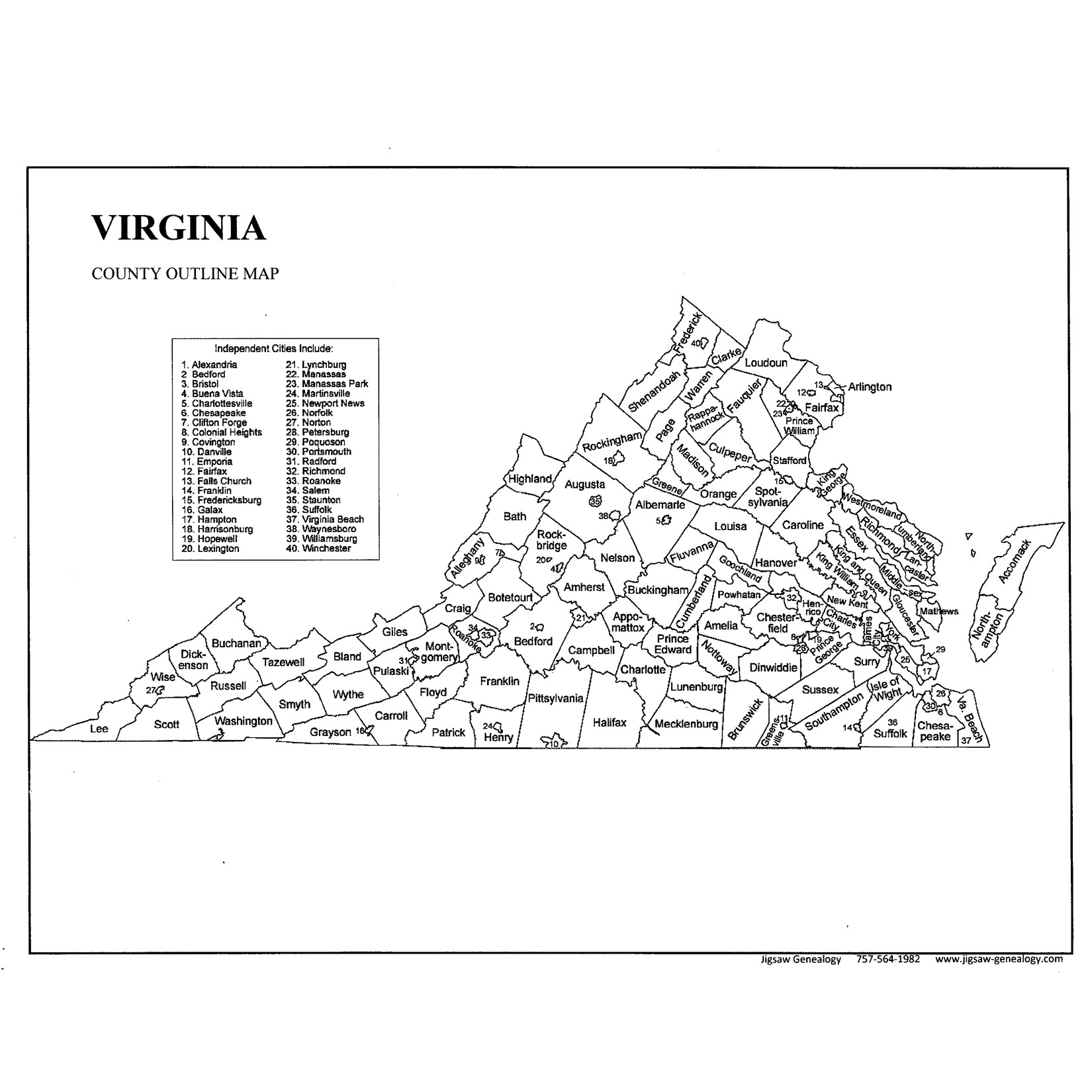 Virginia County Independent City Map Jigsaw Genealogy Virginia County Independent City Map Jigsaw Genealogy