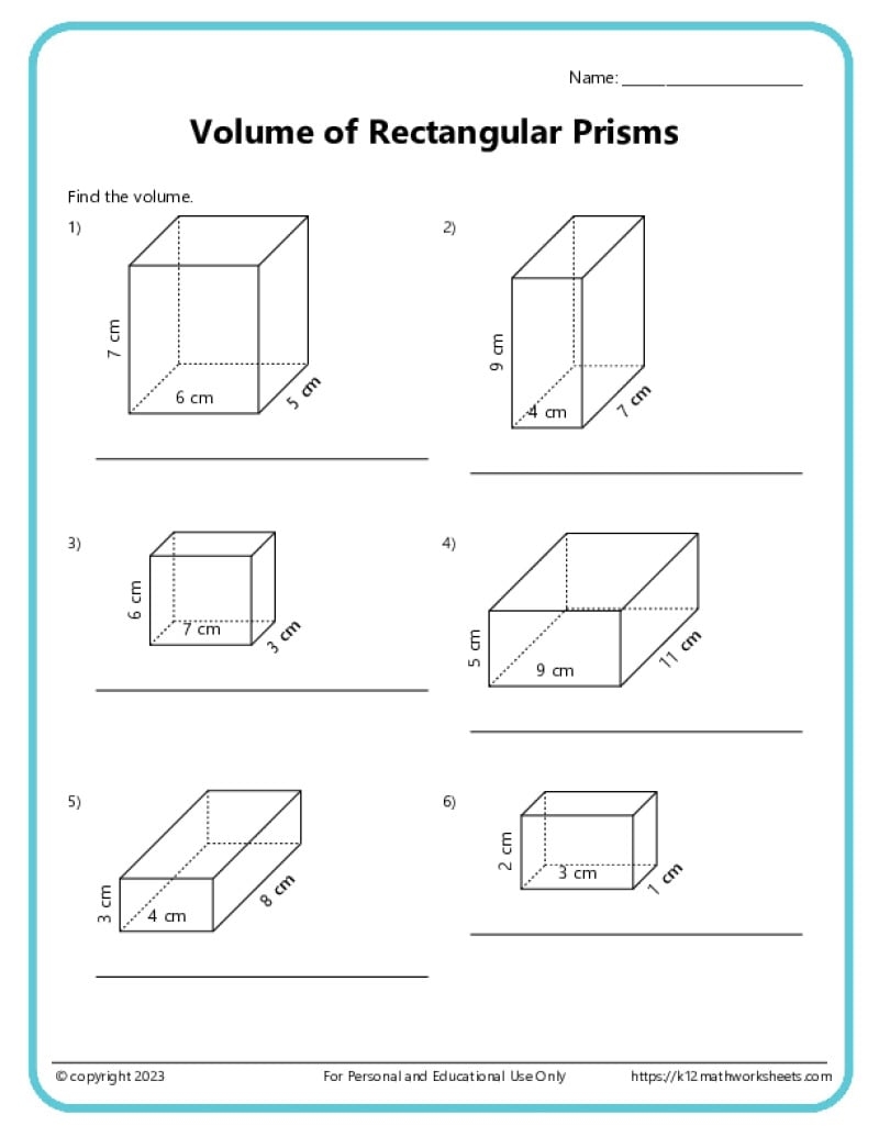 Volume And Surface Area Of Rectangular Prisms K12 Math Worksheets