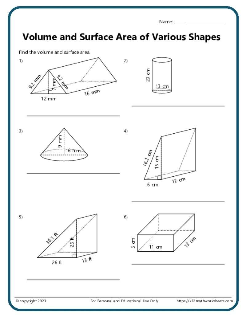 Volume And Surface Area Of Various Shapes K12 Math Worksheets Volume And Surface Area Of Various Shapes K12 Math Worksheets