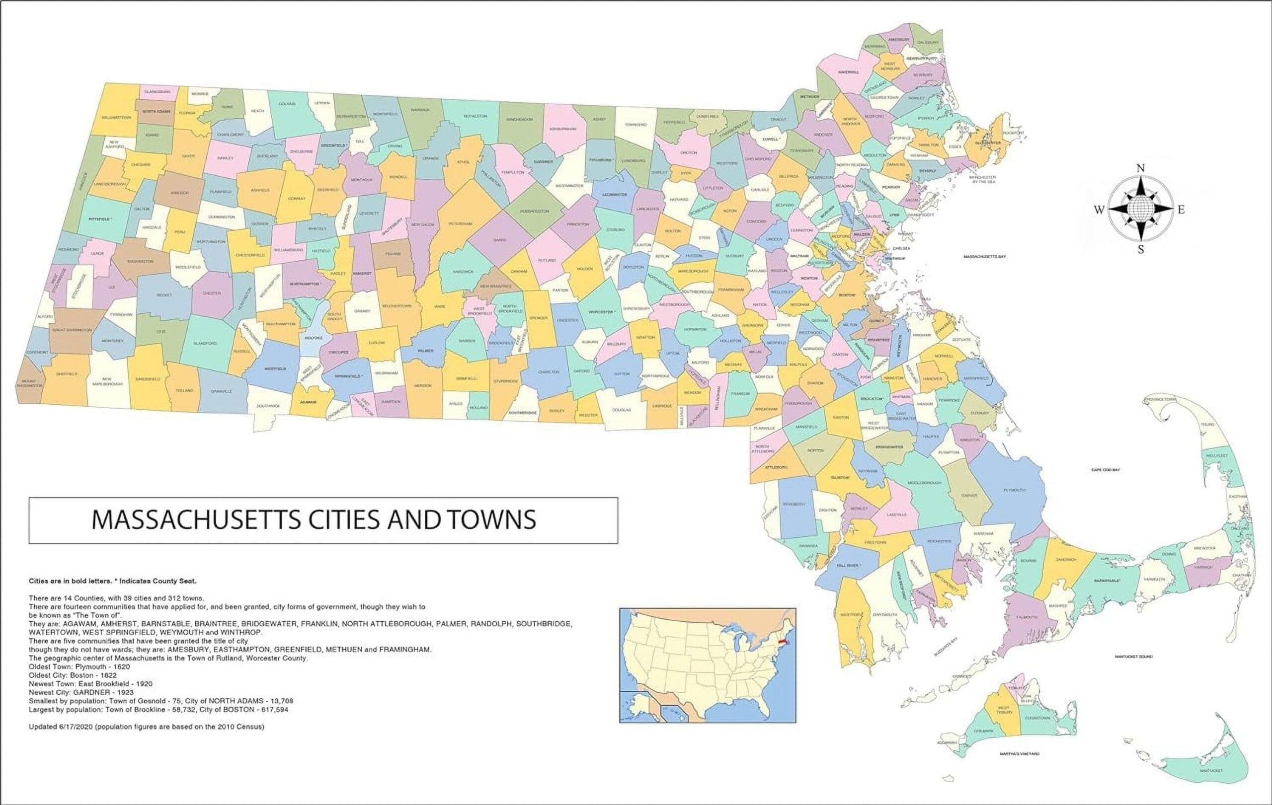 Wall Art Impressions 36x24in Map Of Massachusetts Cities Towns And County Seats Photo Paper Walmart
