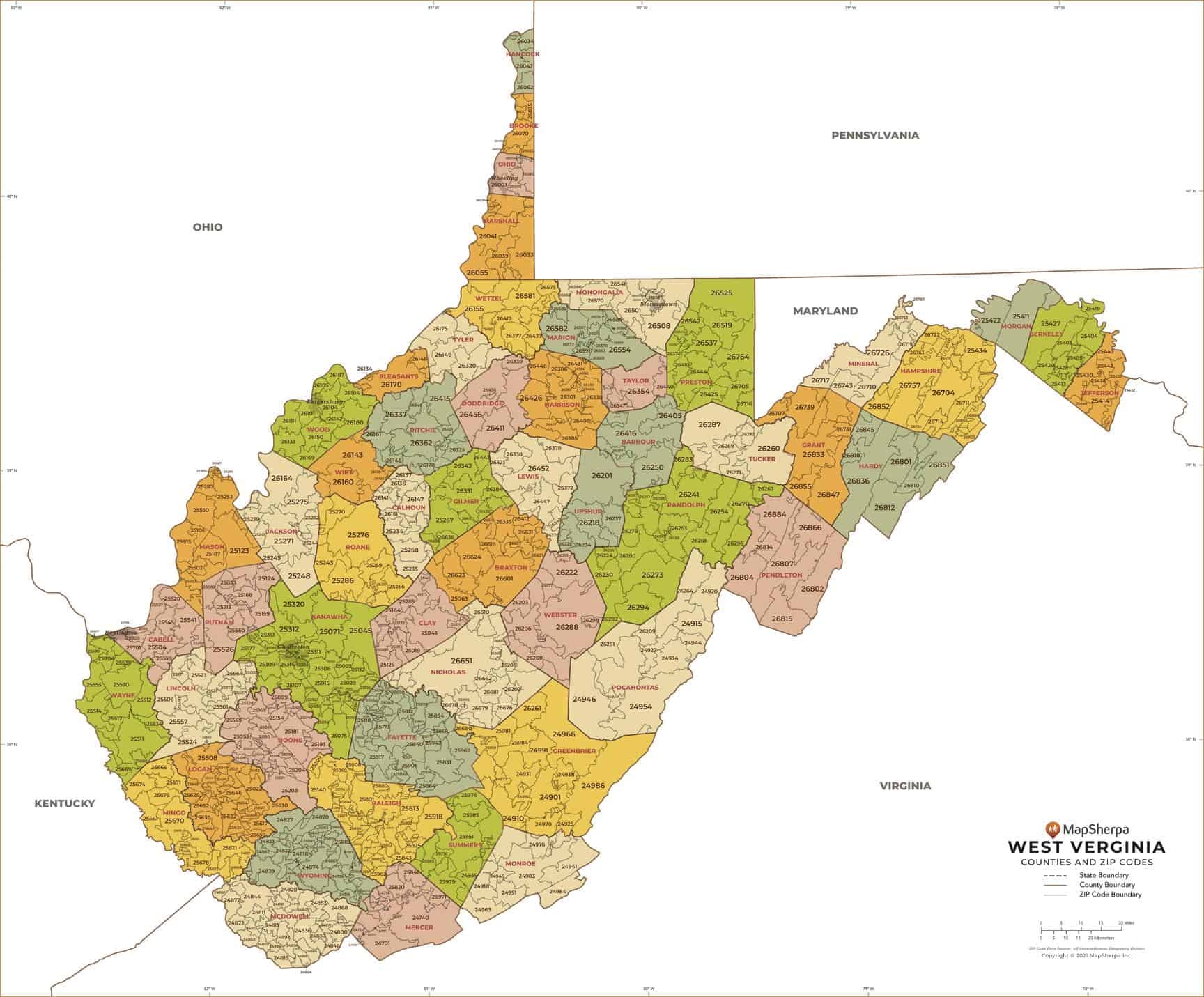 West Virginia ZIP Code Map With Counties By MapSherpa The Map Shop