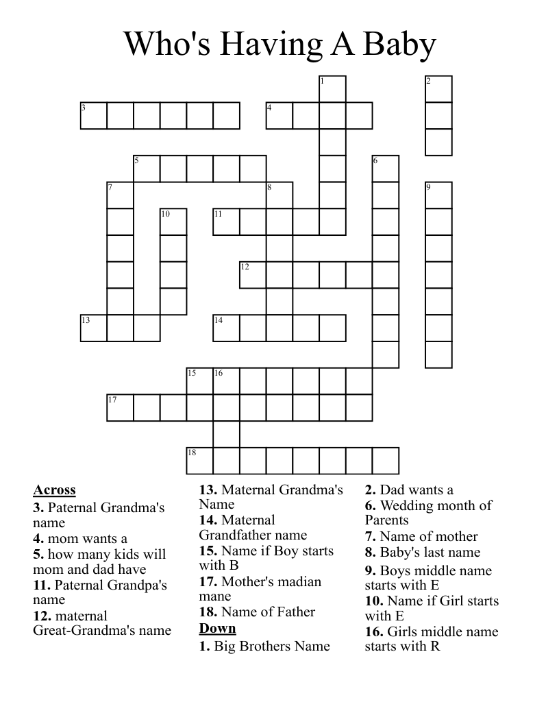 Who s Having A Baby Crossword WordMint