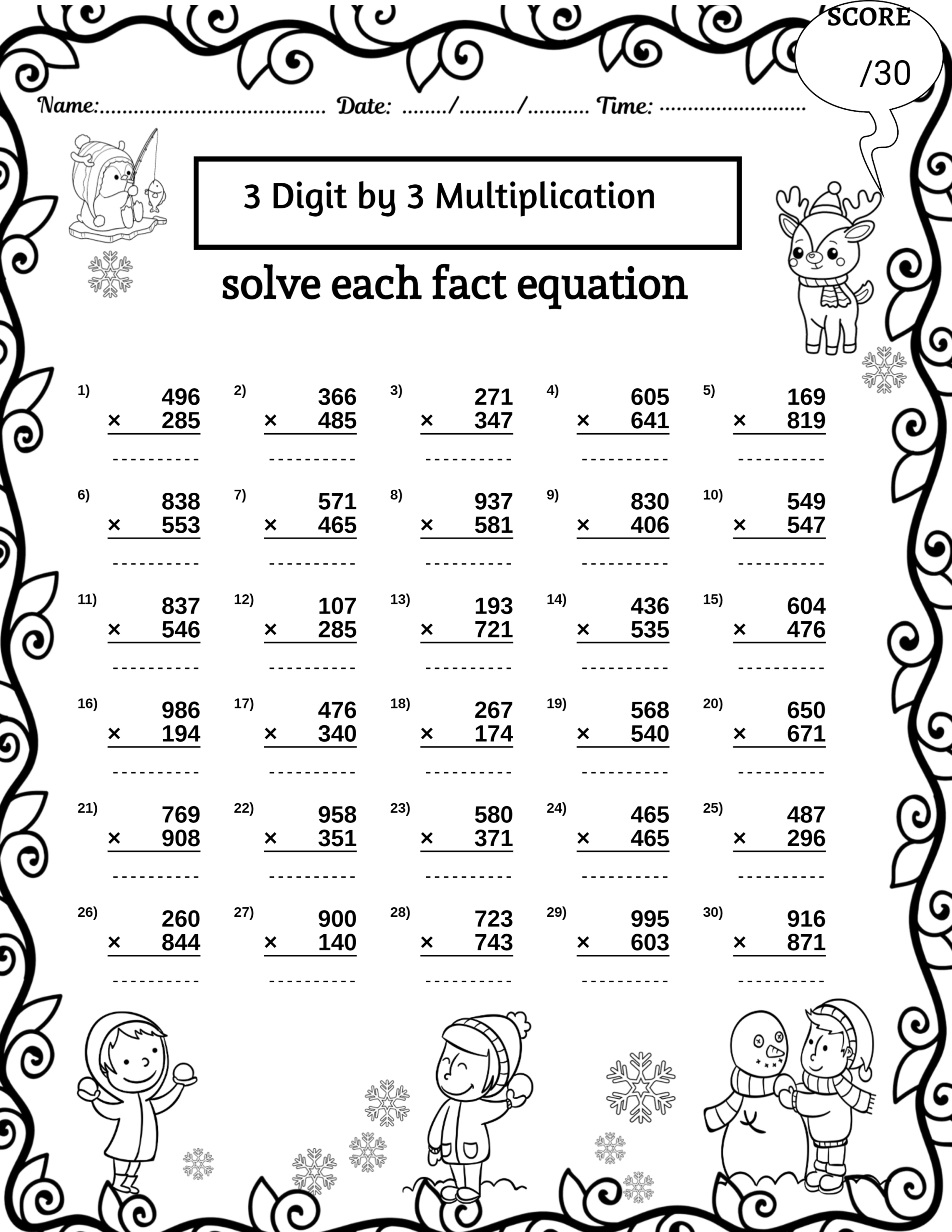 Winter 3 Digit By 3 Digit Multiplication Worksheets Missing Numbers Worksheets Made By Teachers