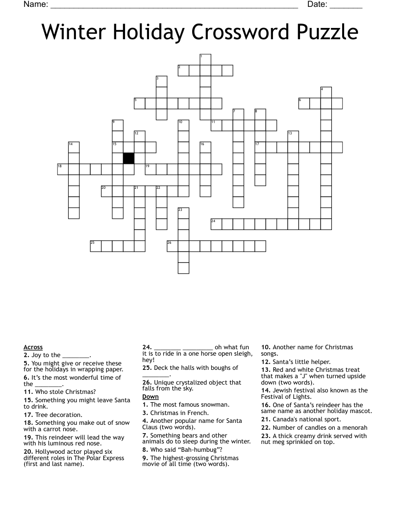 Winter Holiday Crossword Puzzle WordMint