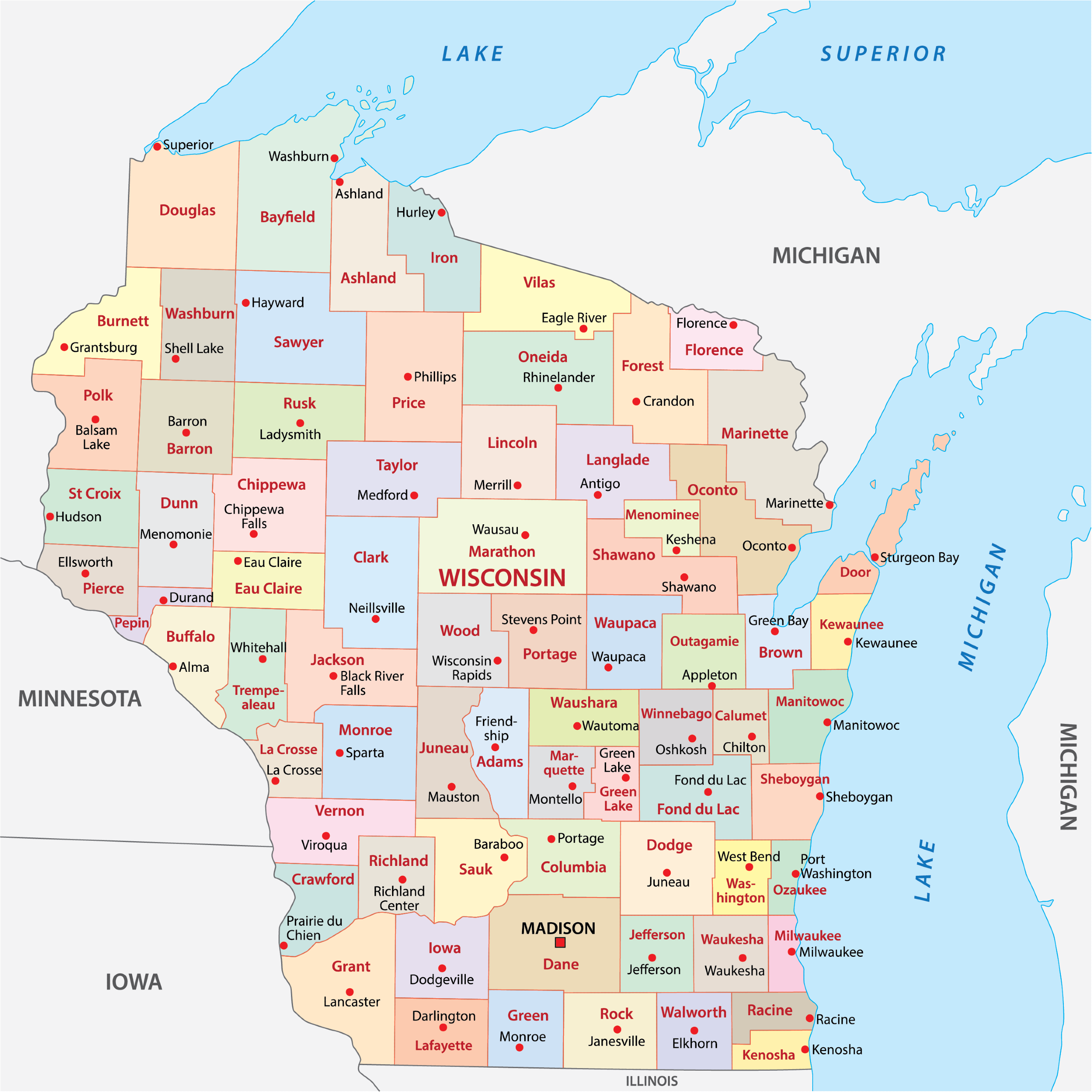 wisconsin county map with
