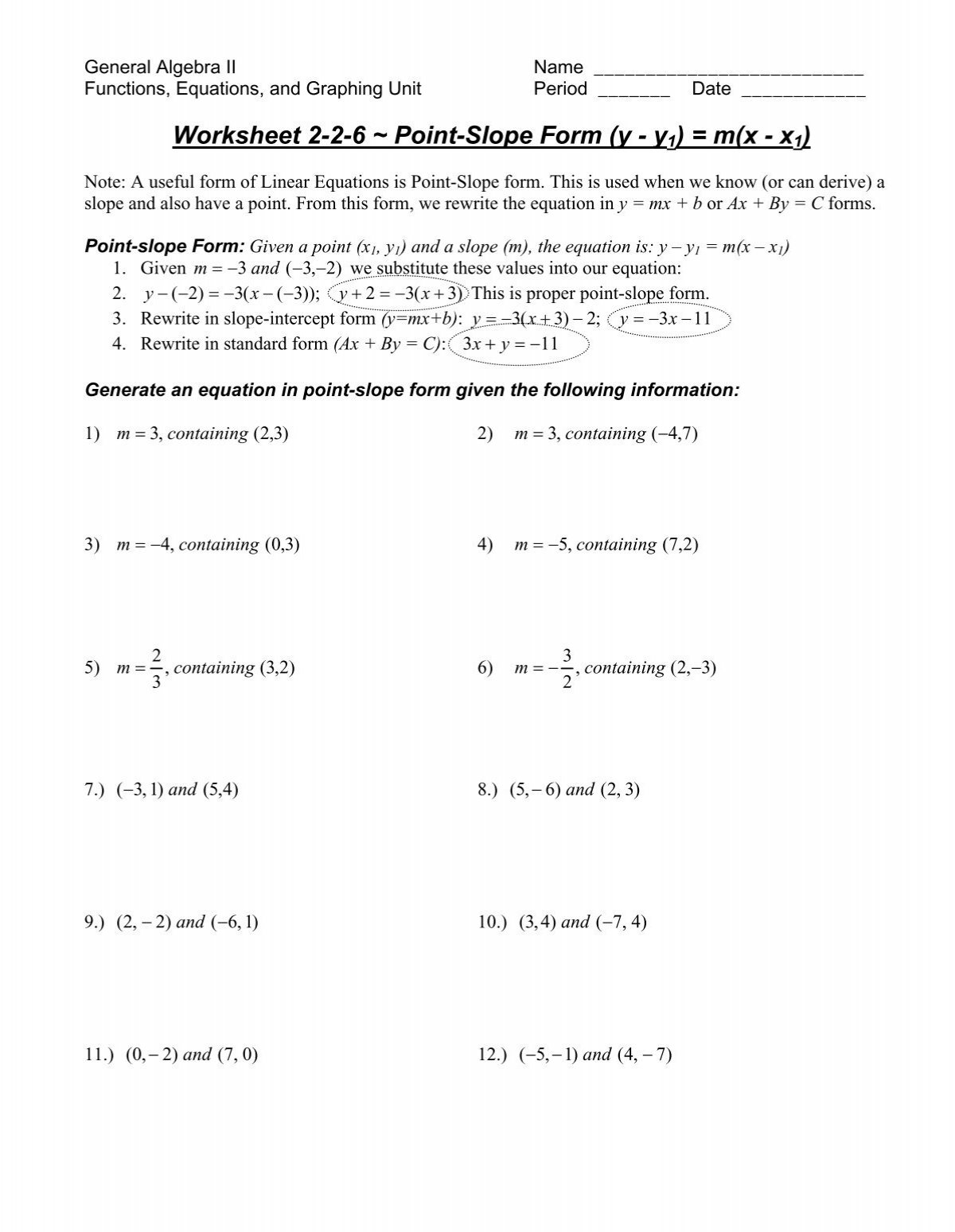 Worksheet 2 2 6 Point Slope Form Worksheet 2 2 6 Point Slope Form