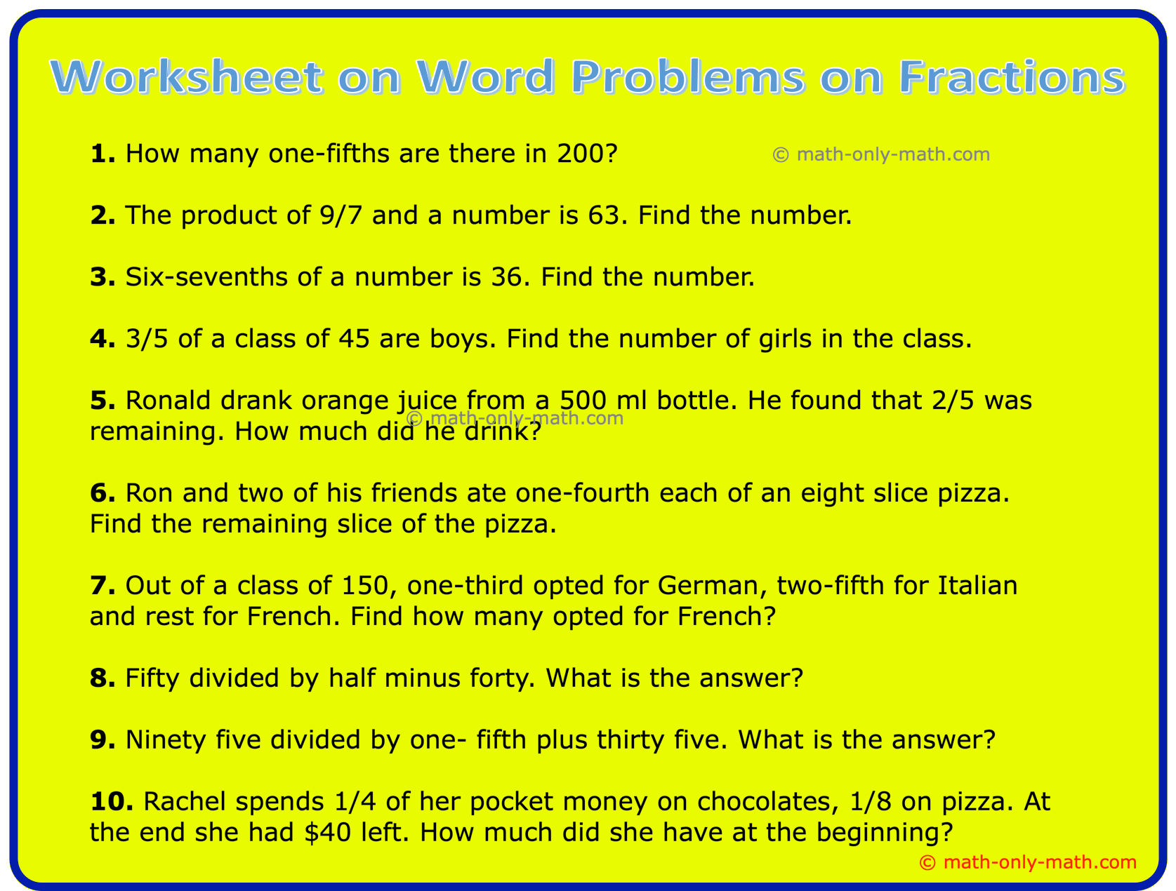 Worksheet On Word Problems On Fractions Fraction Word Problems Ans Worksheet On Word Problems On Fractions Fraction Word Problems Ans
